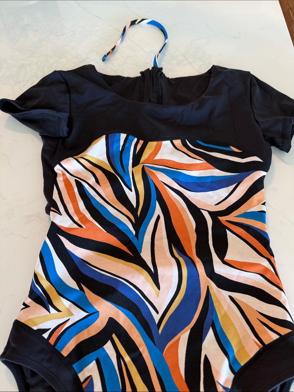 Hurley Black One-Piece Swimsuit- surf suit with Blue, Orange & Tan Print